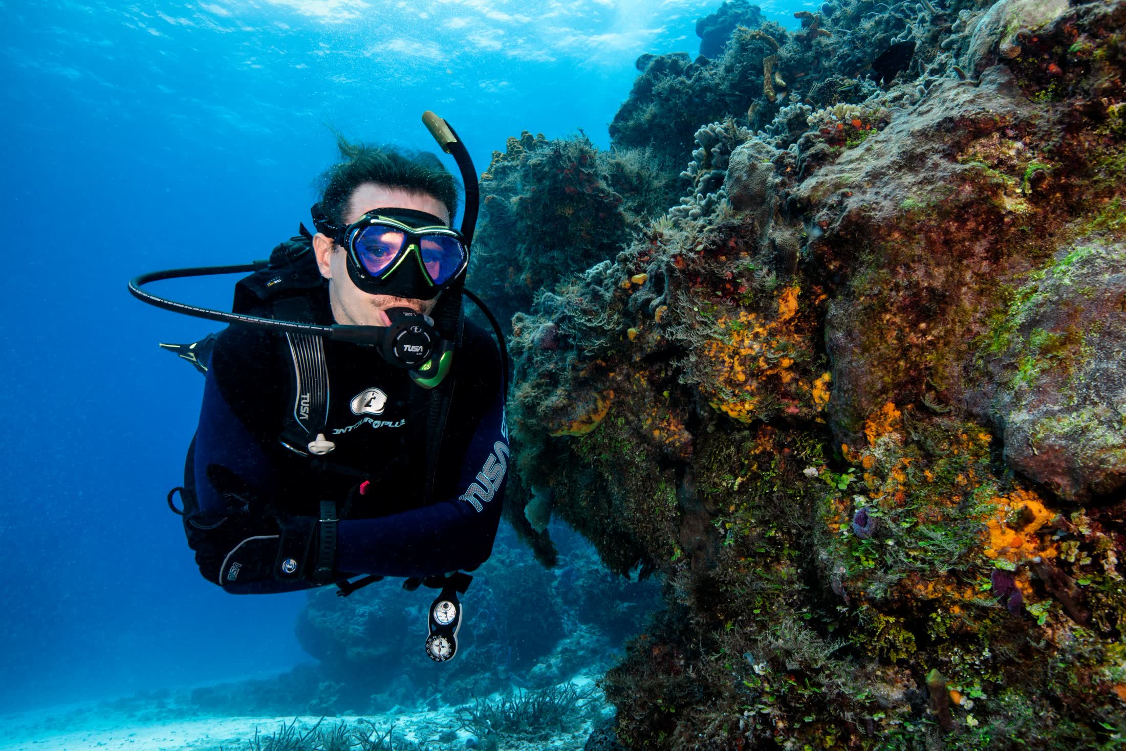 A scuba diver swimming beside a coral reef wall