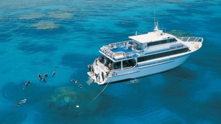 A dive boat moored at the reef with snorkellers