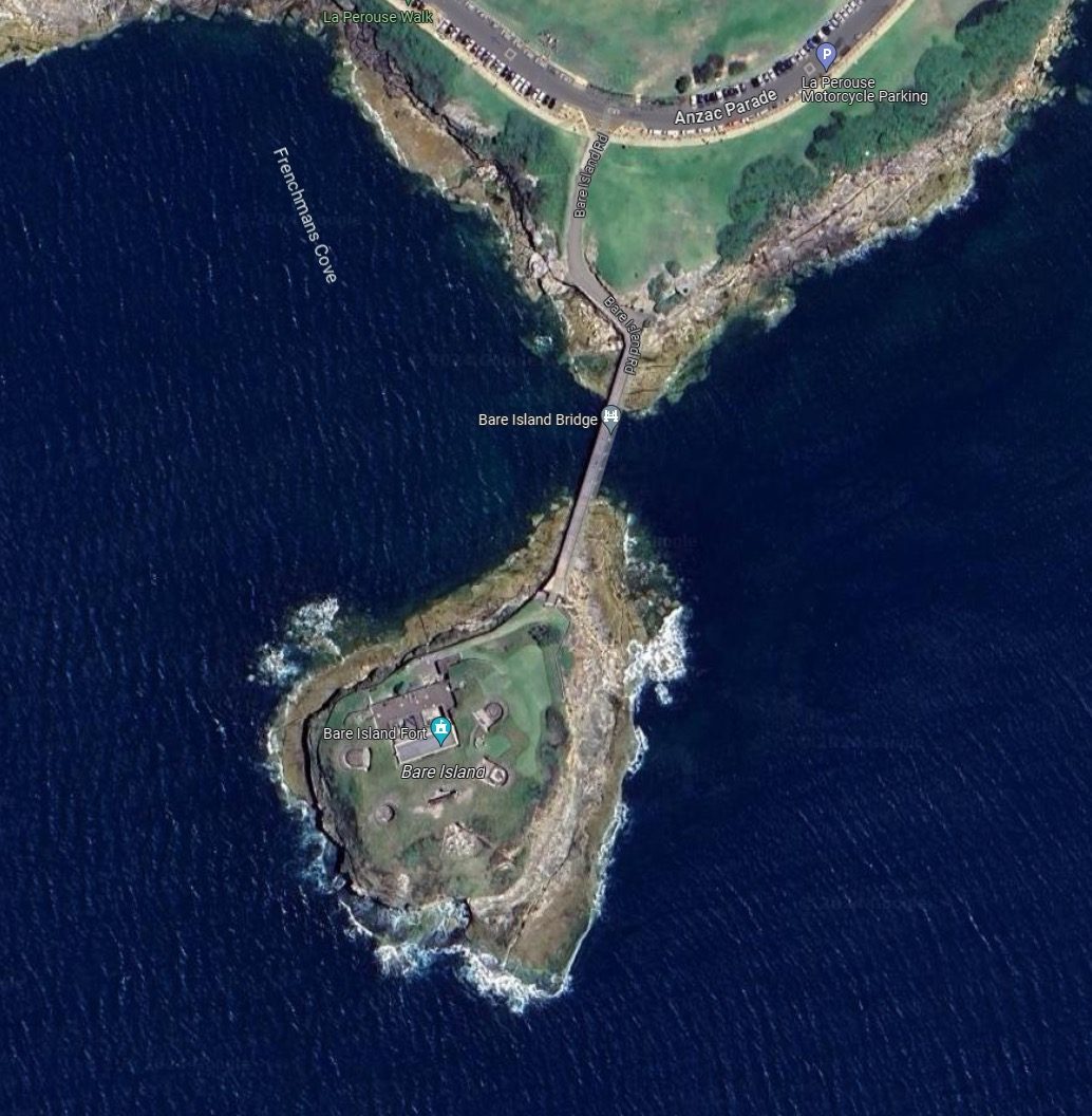 Bare Island and its walkway from the air